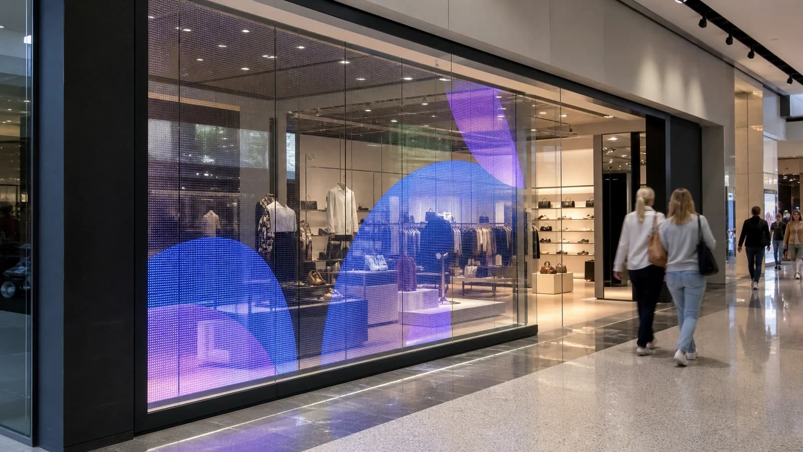Transparent LED display running in a shopping-centre retail shopfront