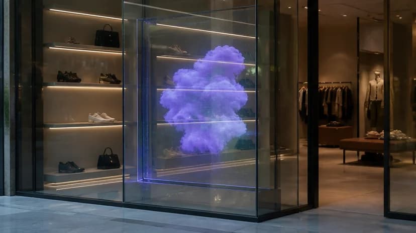 Transparent retail display showing campaign content while shoppers can still see inside the store
