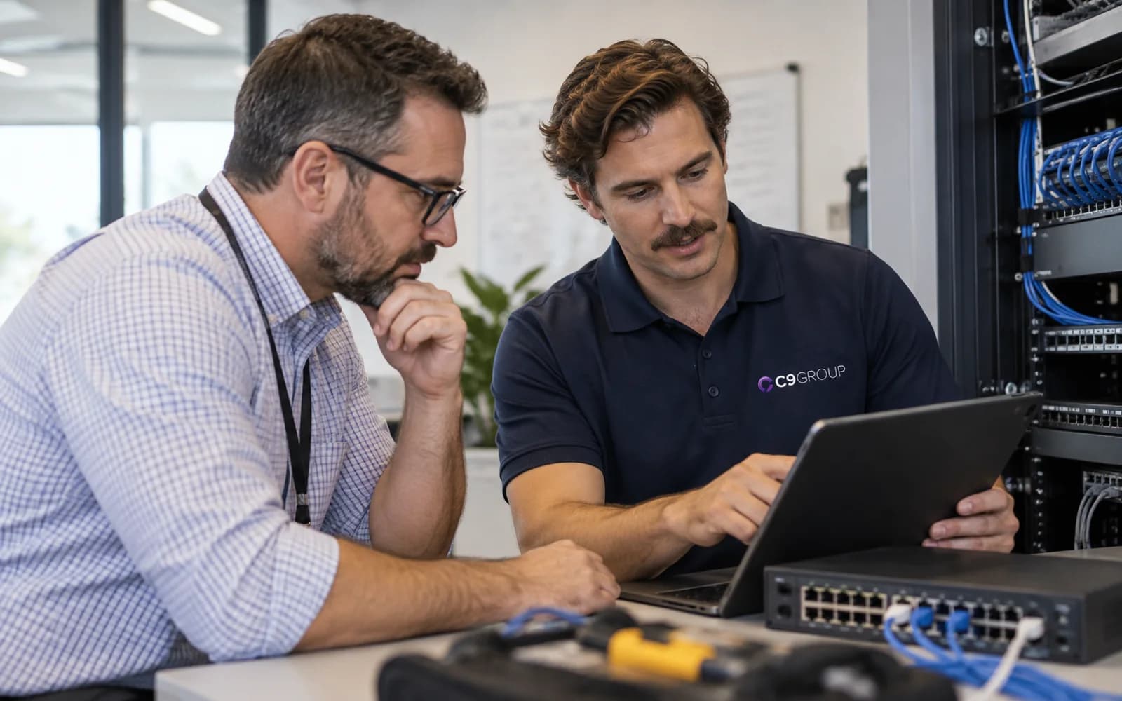 C9 GROUP specialist working with an internal IT manager in a modern office