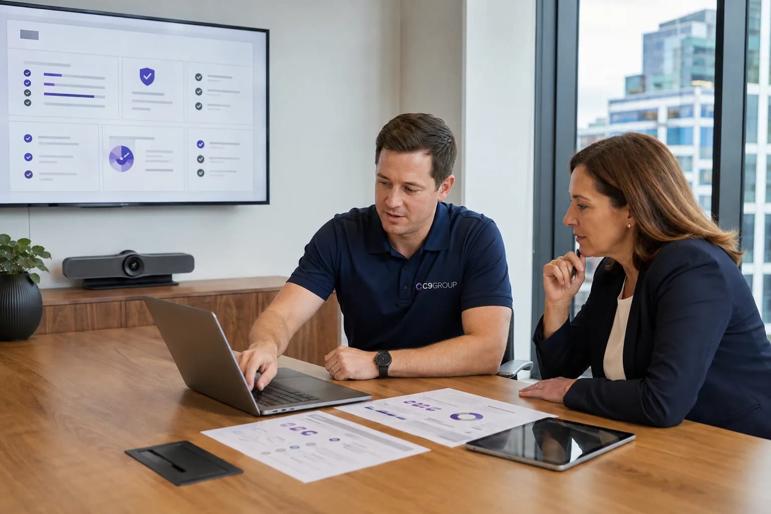 C9 GROUP specialist reviewing the workplace IT environment with an internal IT manager