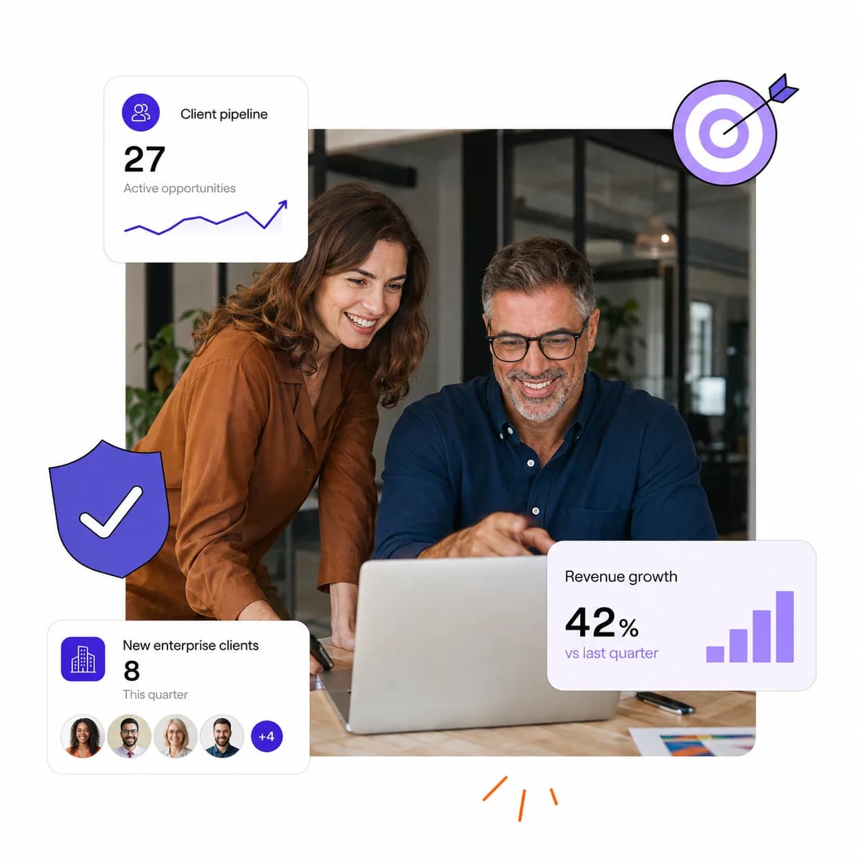 Business leaders reviewing client growth metrics and workforce pipeline