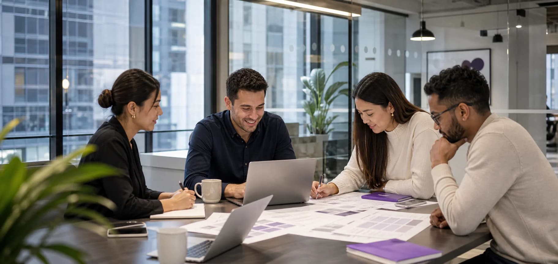 Business team planning role requirements and remote workforce structure