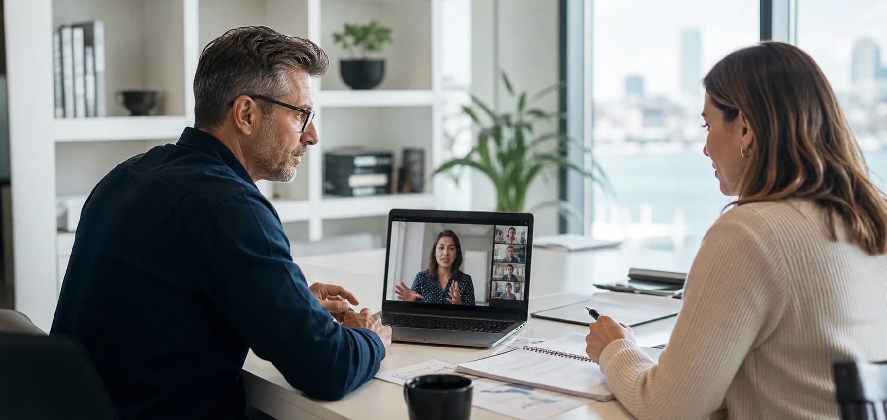 Business leaders reviewing remote team priorities and workforce performance on a video call