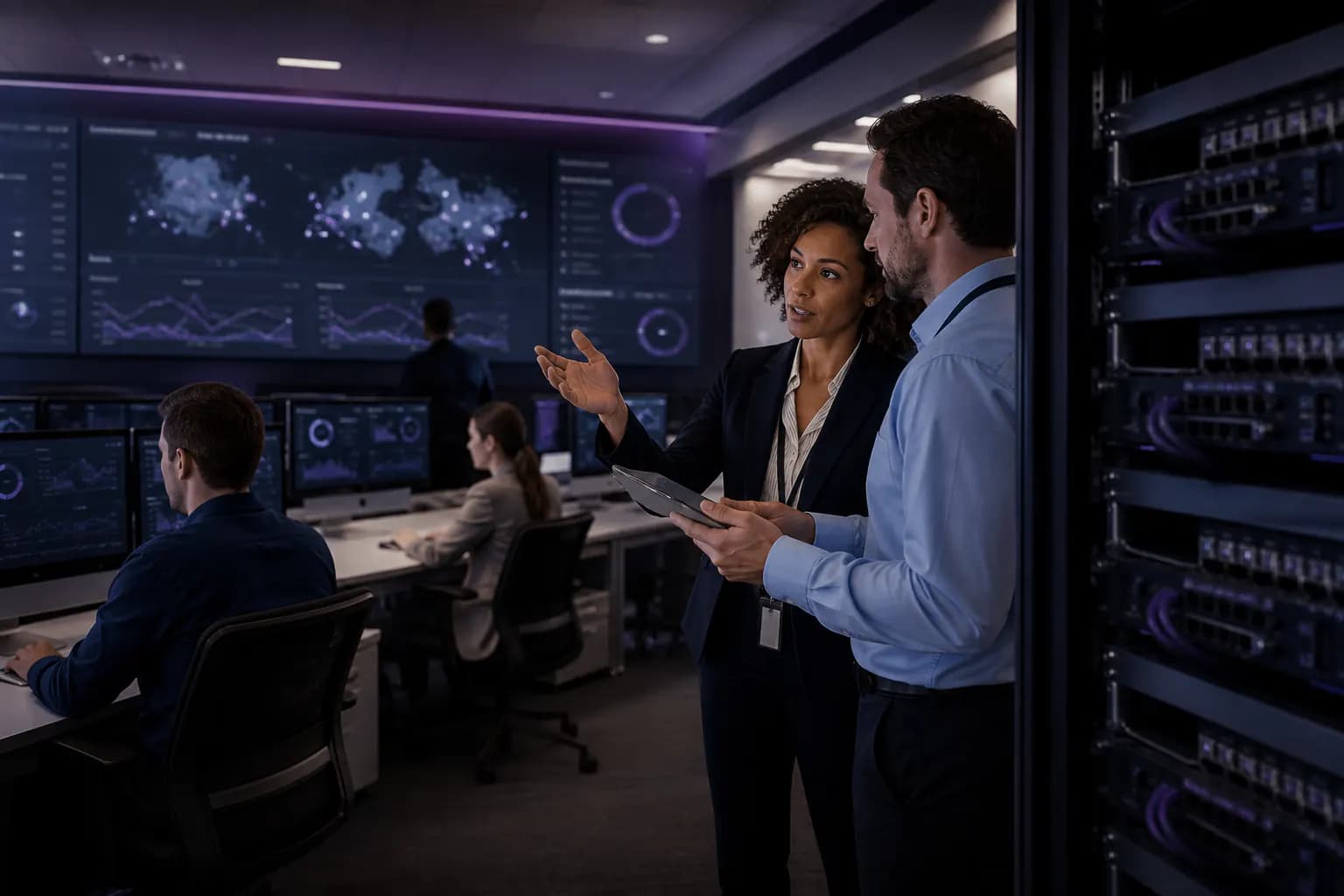 IT operations team reviewing managed voice, users, devices and calling policies