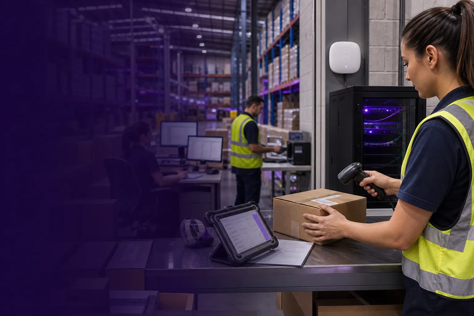 Warehouse team using managed VoIP and cordless handsets for dispatch and site communication