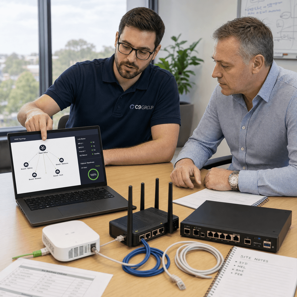 C9 GROUP network consultant reviewing multi-site SD-WAN topology, router hardware and failover readiness with an Australian business manager