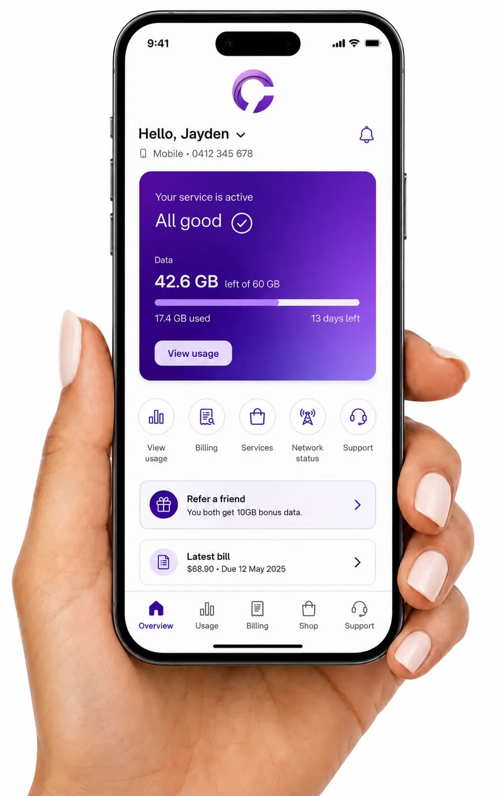 C9 Connect mobile app showing service status, usage, billing and support options