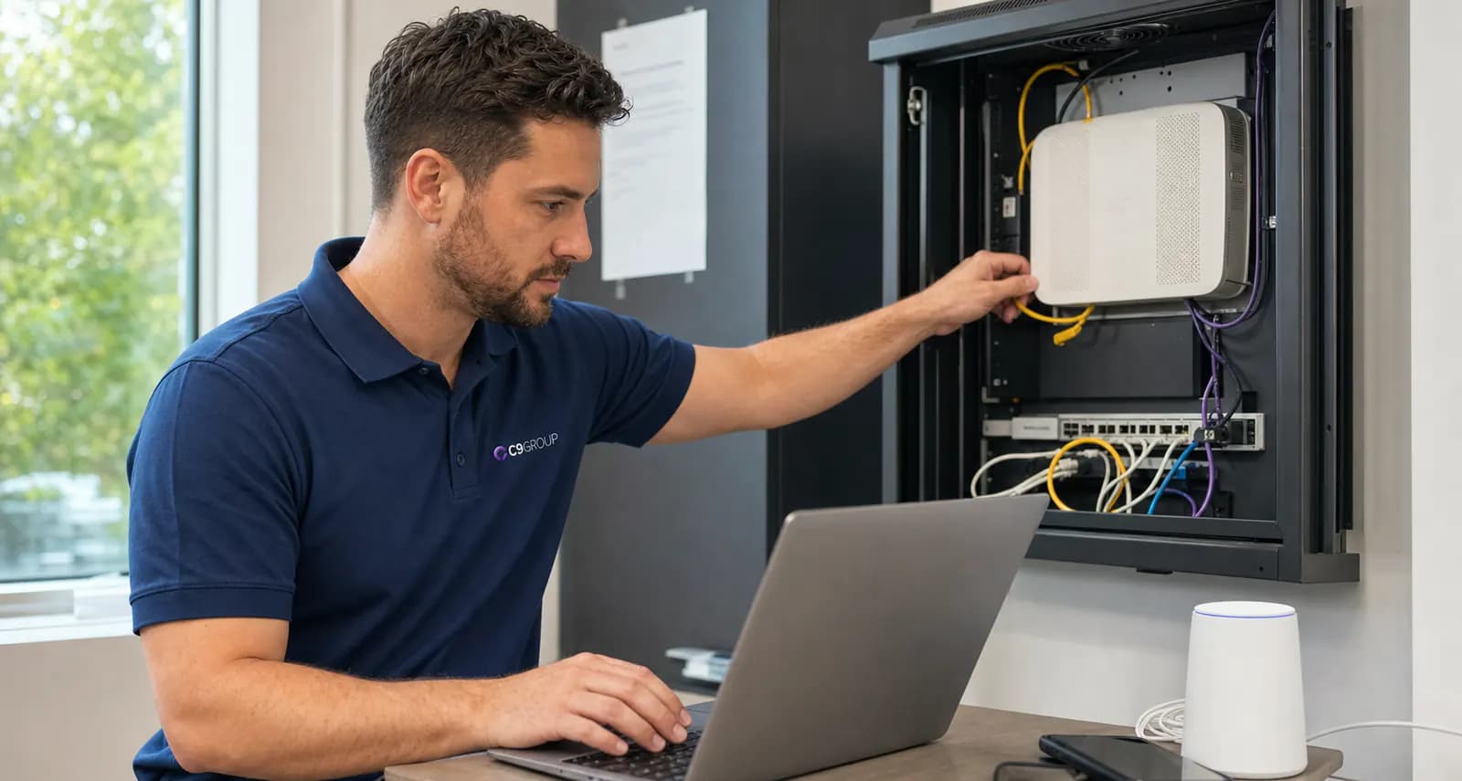 C9 GROUP staff member checking business internet equipment on site