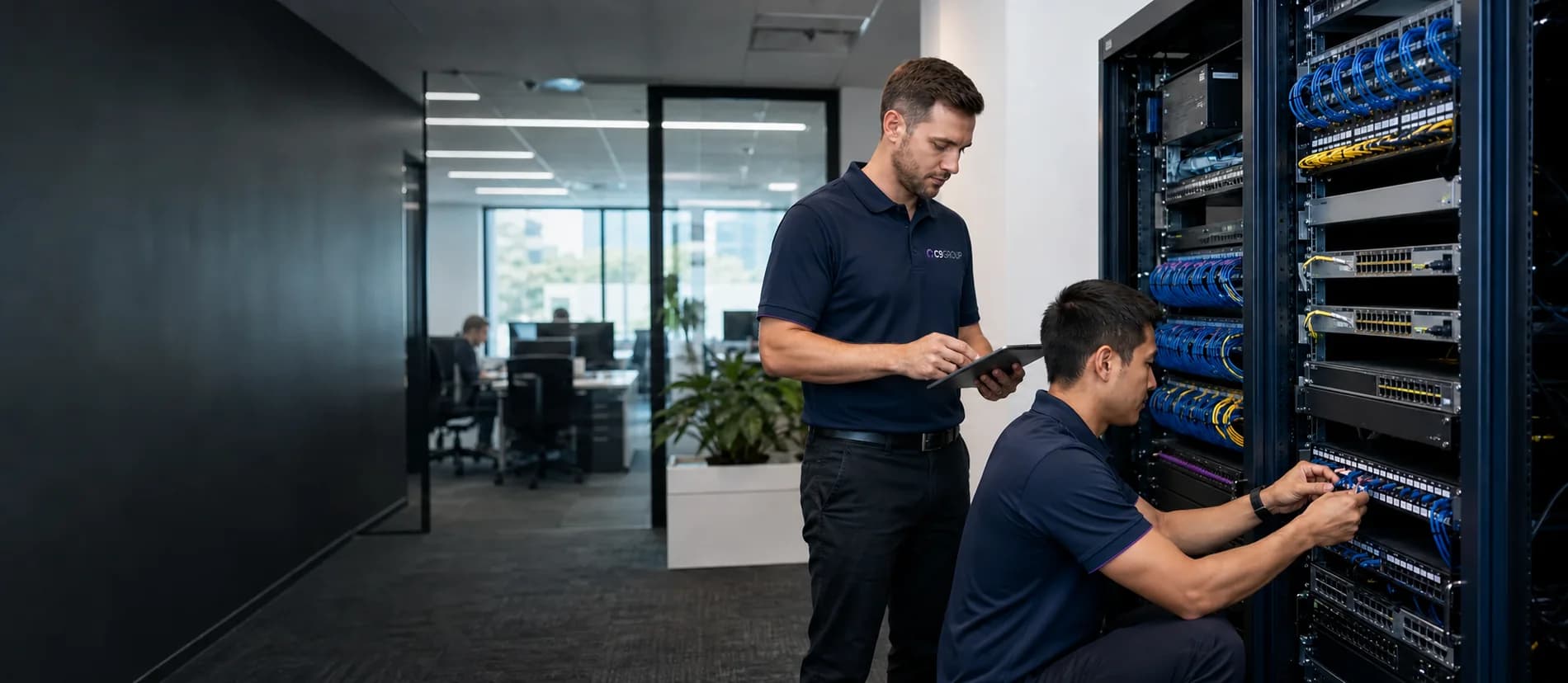 C9 GROUP staff working onsite on business internet, Ethernet cabling and a telco network rack