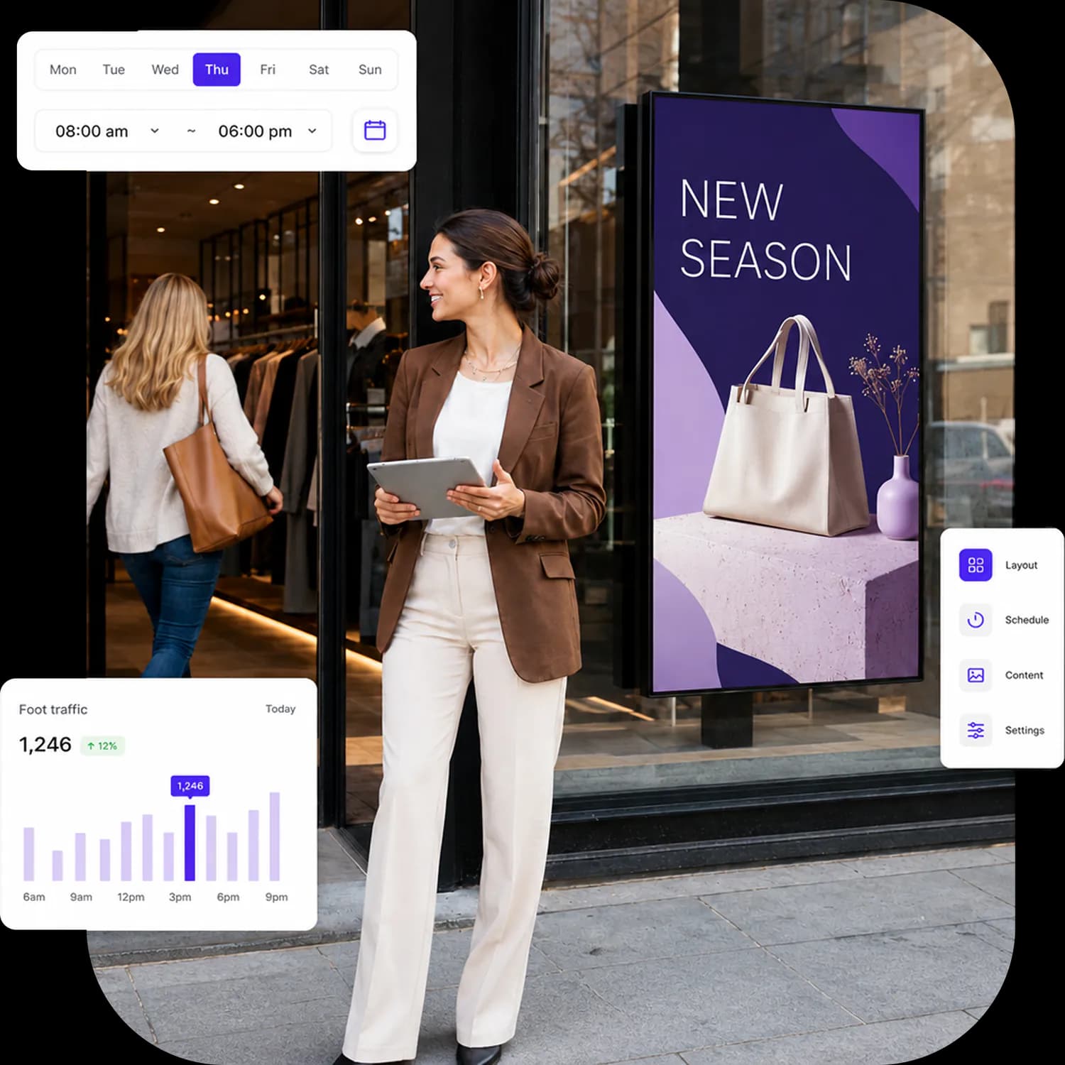 Retail storefront digital signage with campaign scheduling and foot traffic widgets