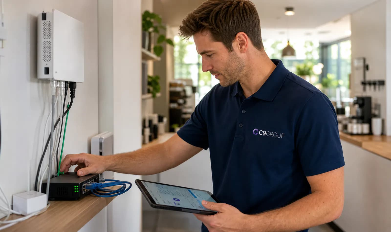 C9 GROUP onsite technician wearing the navy C9 polo while checking Business nbn™ router equipment