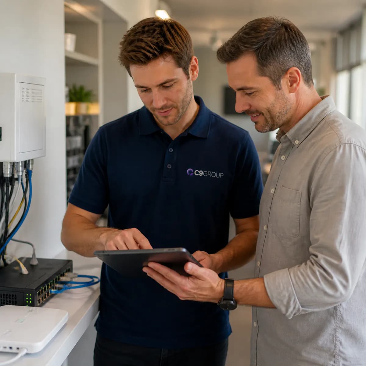 C9 GROUP technician wearing the navy C9 polo while reviewing Business nbn™ equipment with a business owner