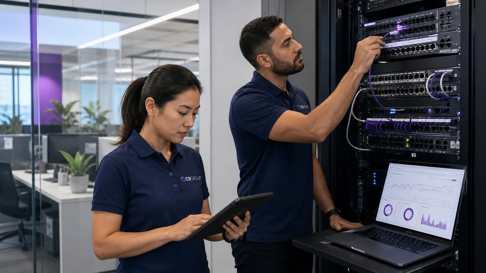 C9 GROUP engineers configuring enterprise ethernet equipment in a business communications room