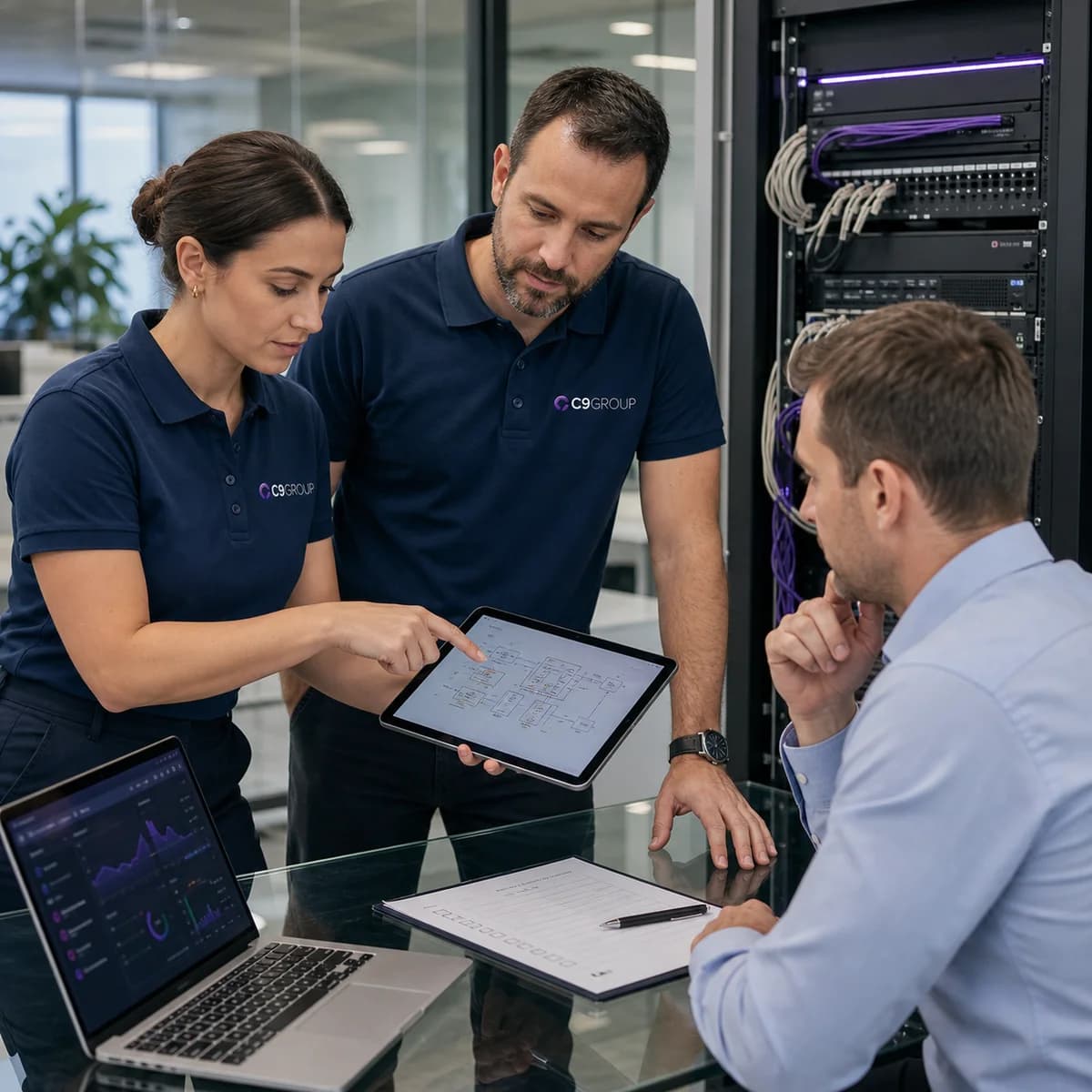 C9 GROUP staff reviewing an enterprise ethernet design with a business operations manager