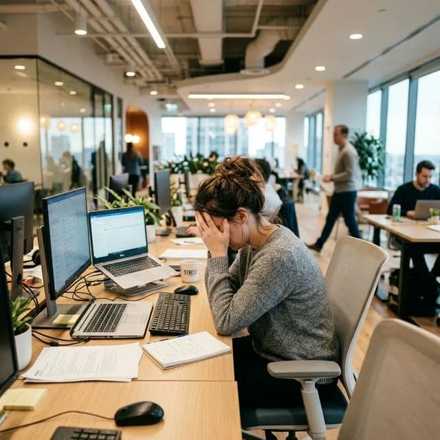 Frustrated receptionist trying to answer busy office phones in Sydney office