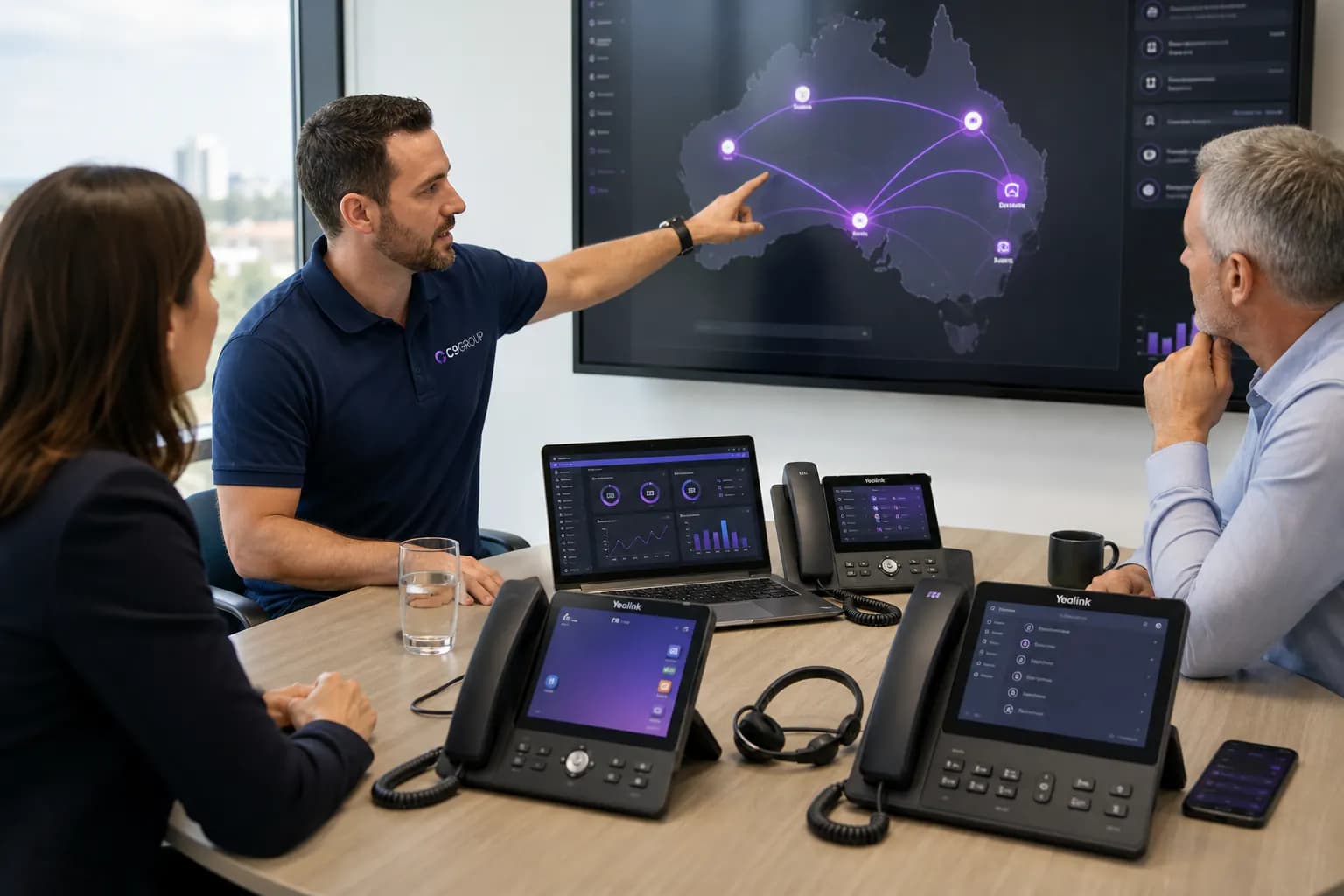 C9 GROUP specialist reviewing multi-site phone system planning with Yealink devices