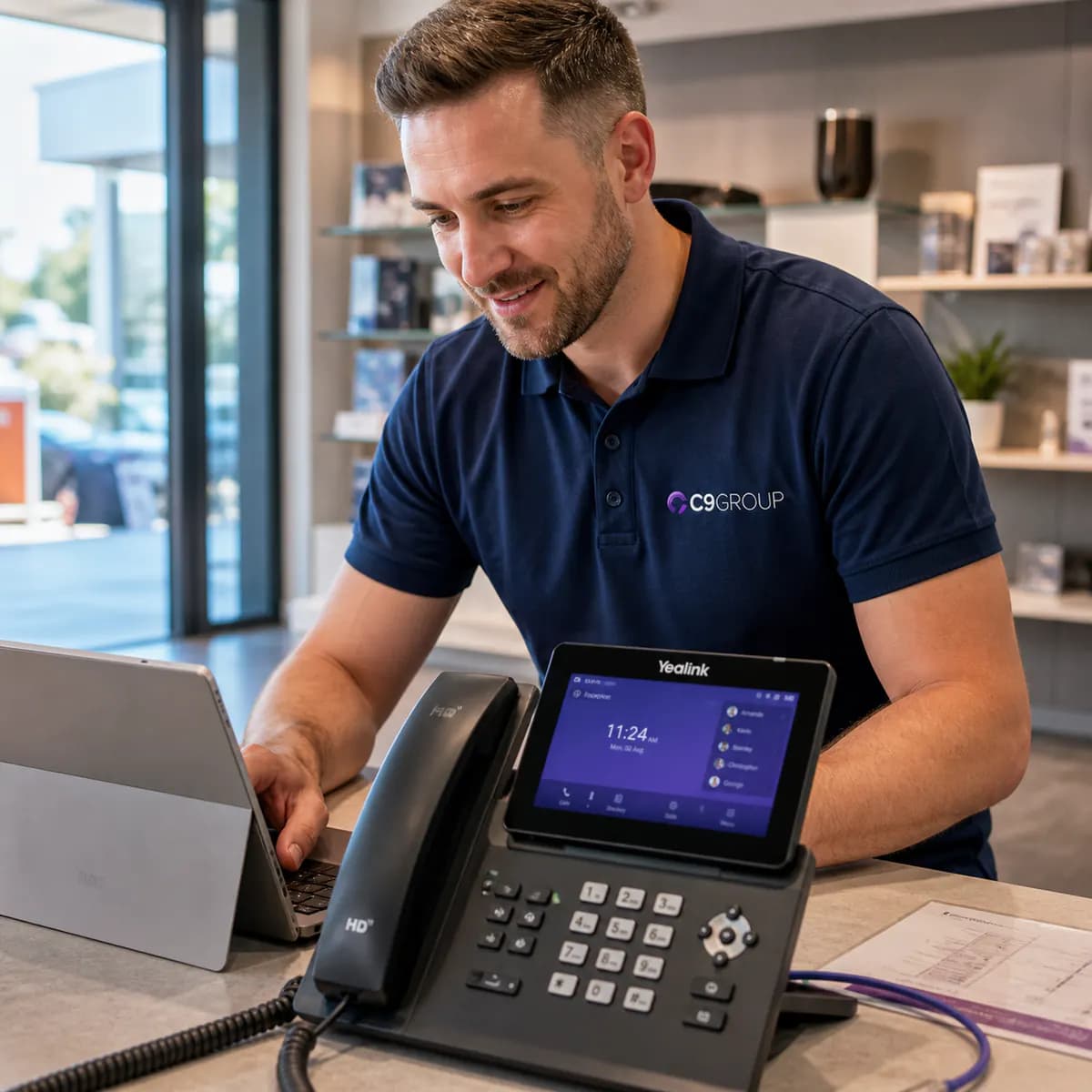 C9 GROUP staff member setting up a Yealink business phone system for a showroom