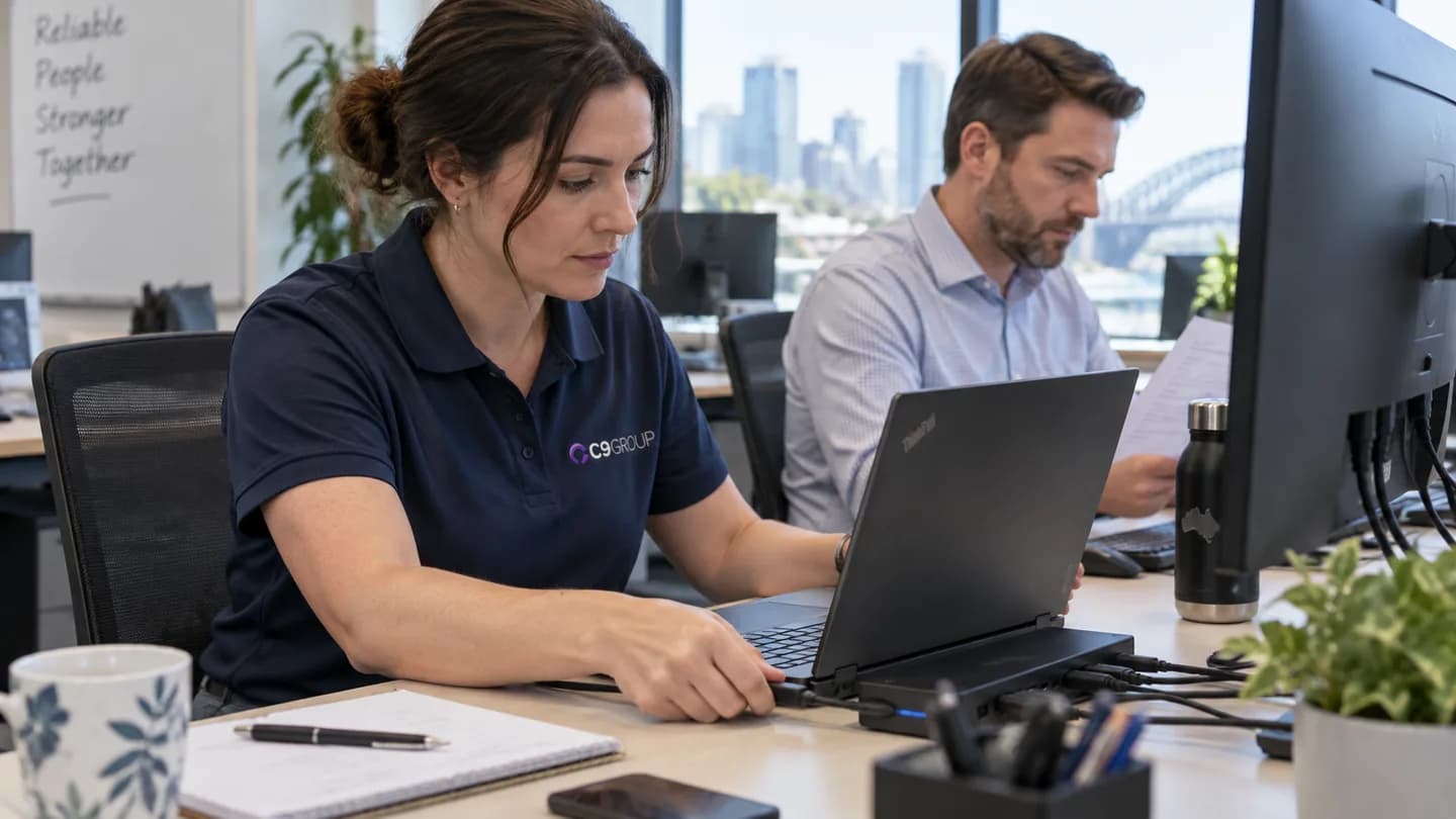 C9 GROUP technician connecting a laptop dock at an office workstation