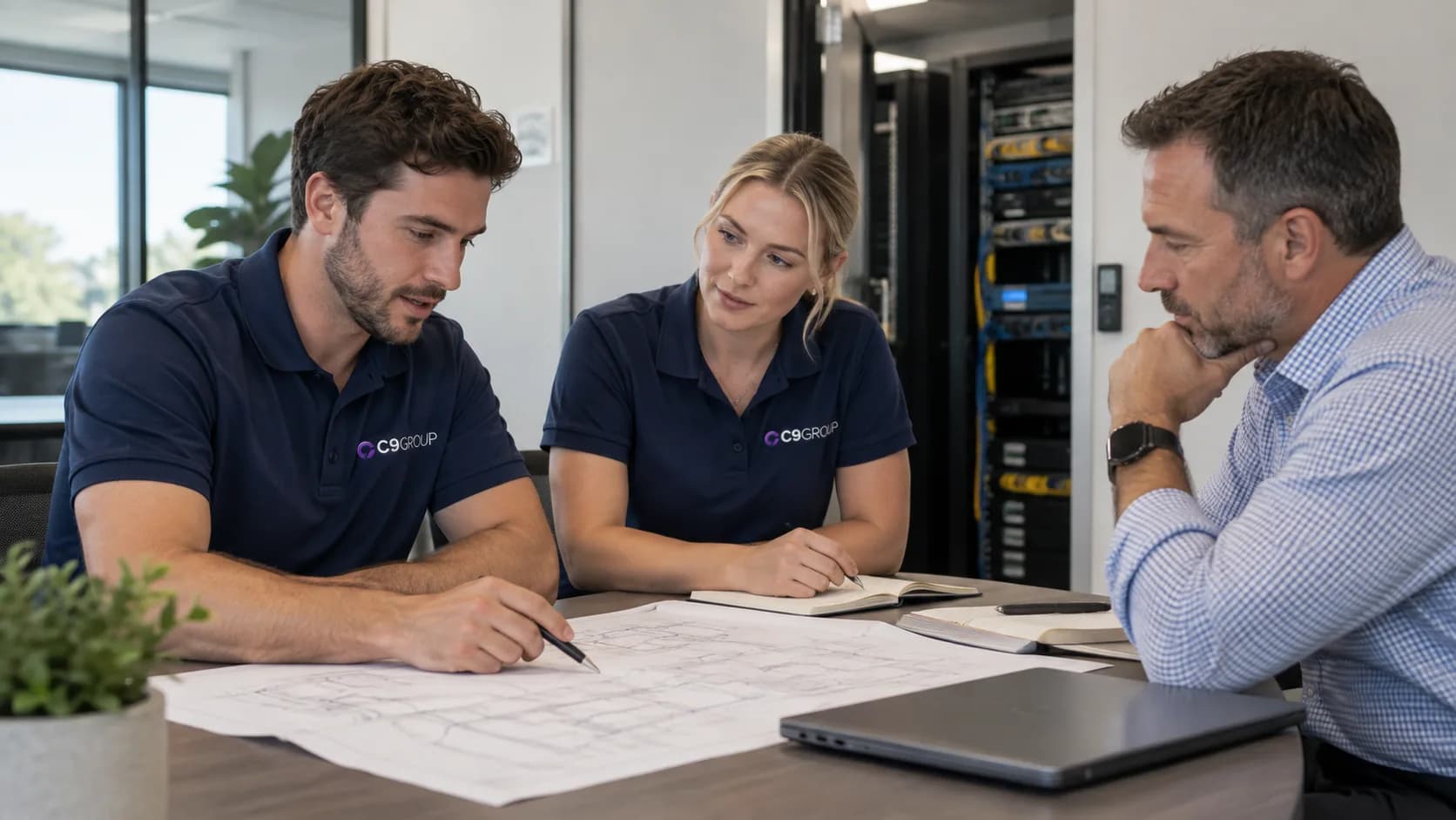 C9 GROUP infrastructure and cloud team reviewing an environment plan with a business leader