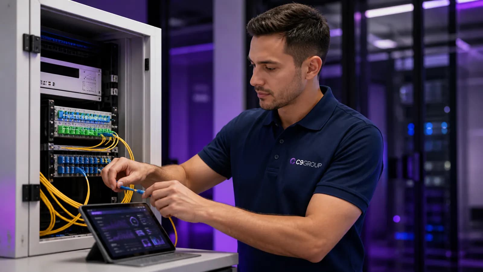 C9 GROUP specialist reviewing business Fast Fibre connectivity equipment