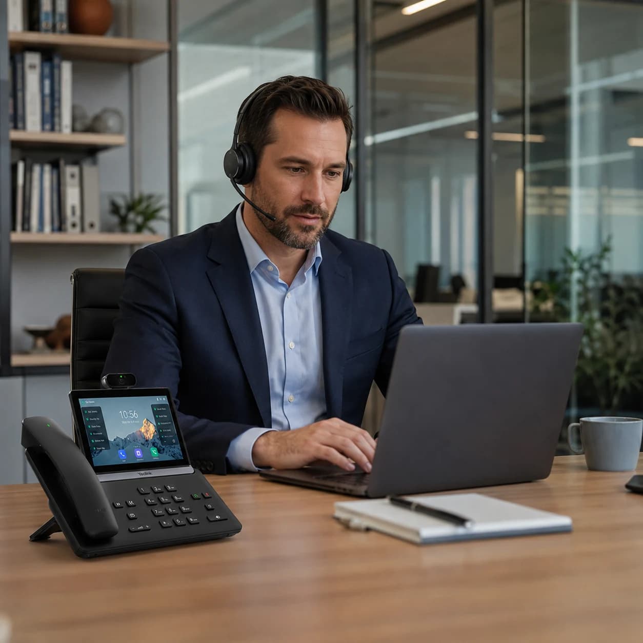Business phone system consultant using a headset beside a Yealink desk phone