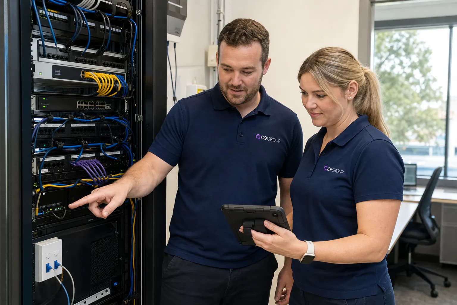 C9 GROUP network security specialist reviewing firewall and network infrastructure