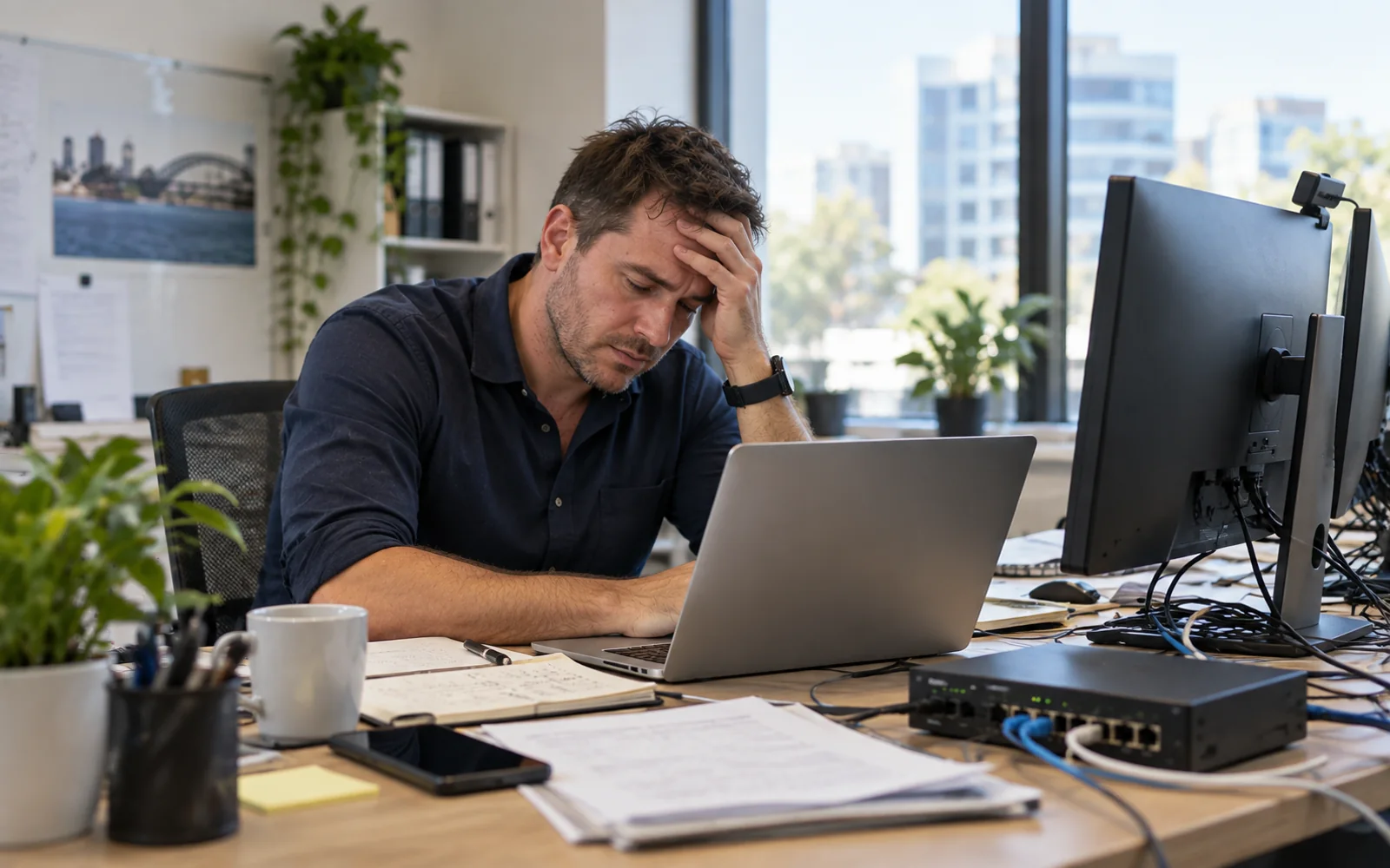 Tired business owner overwhelmed by IT issues at a desk